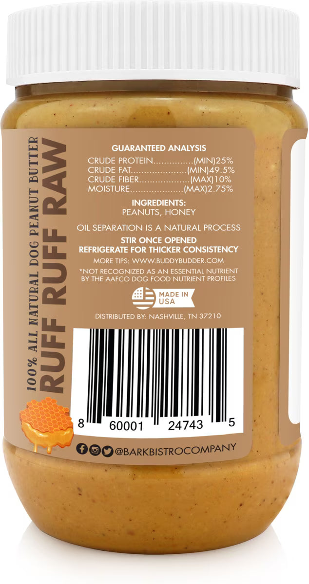 Bark Bistro Ruff Ruff Raw Buddy Budder dog peanut butter product label